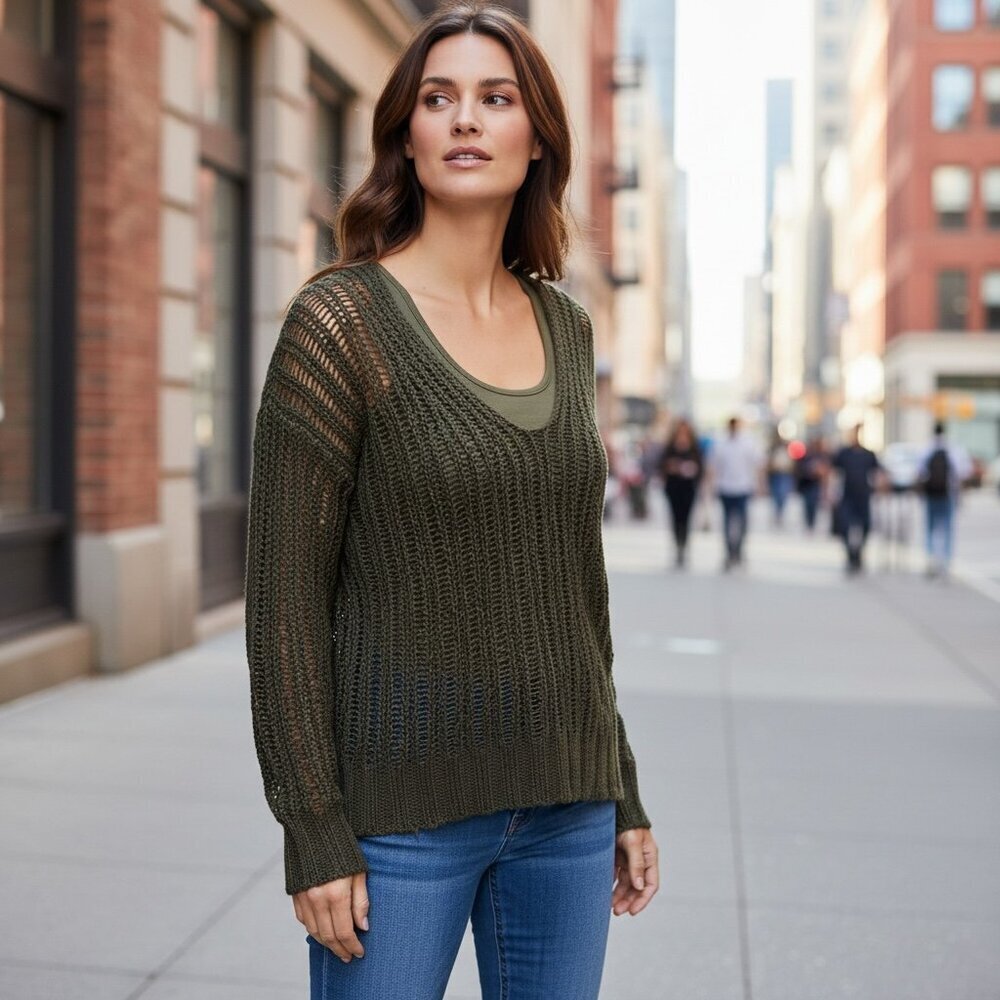 Forever 21 Loose Knit V-Neck Sweater Women's S Olive Green 195E‎
